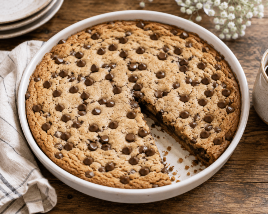 Homemade chocolate chip cookie cake in a white dish on a wooden table